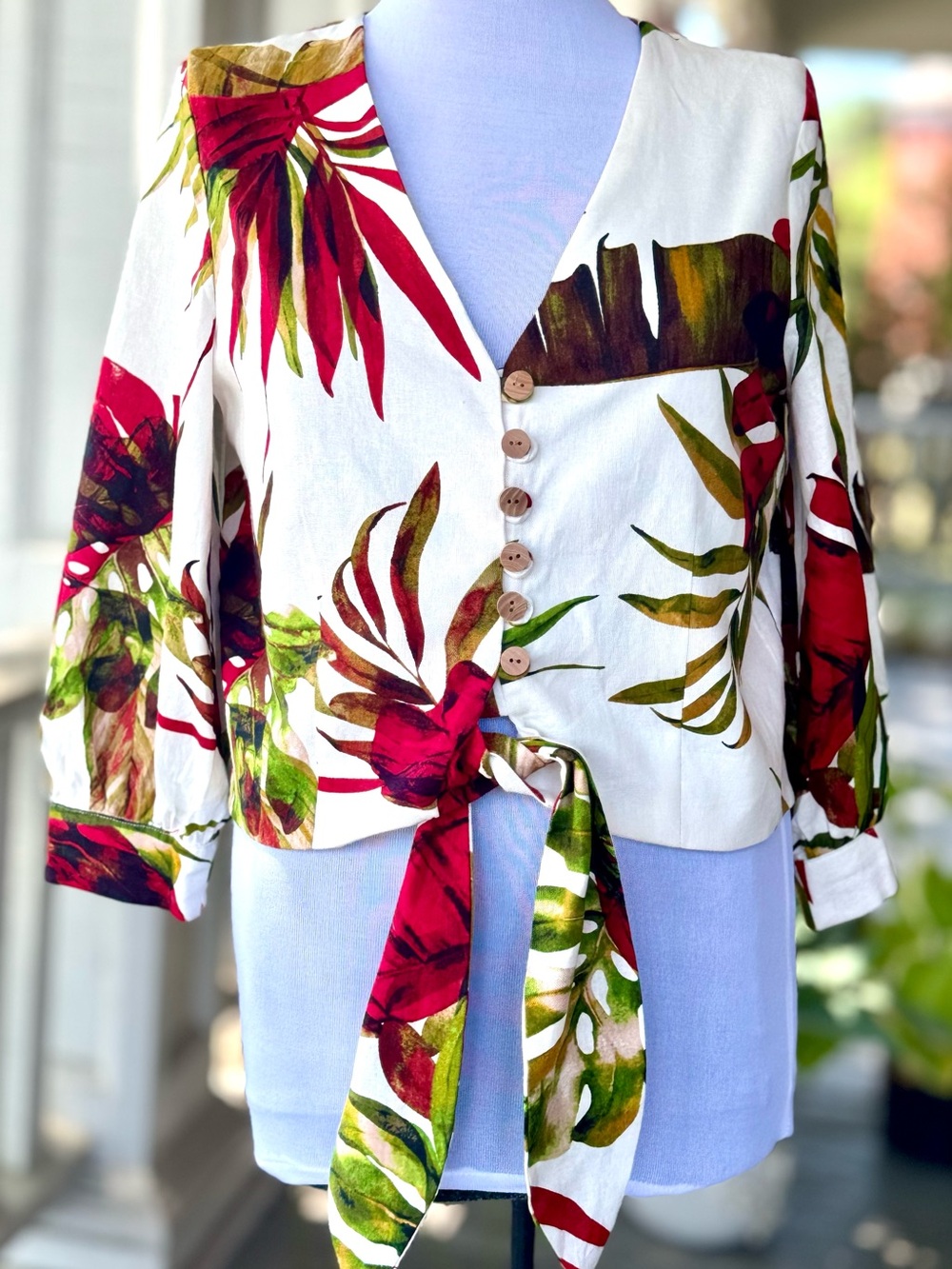 Tropical Tie-Front Blouse in White with Red & Green Print
